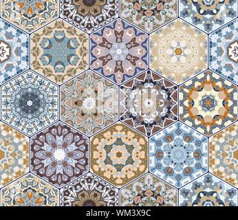 Bright seamless pattern of hexagonal tiles with vintage ornament. Colorful vector set of elements for design of wallpaper, fabric or wrapping paper. Stock Vector