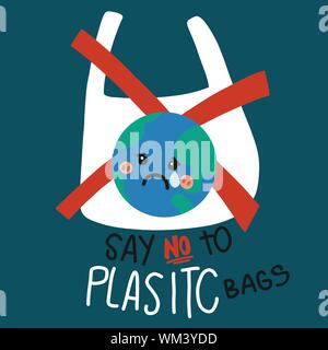 say no to plastic bags concept, cartoon style. cooperation of people in ...