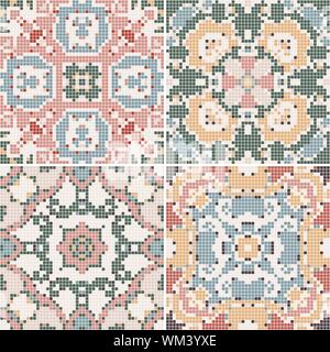 A collection of ceramic tiles in retro colors. A set of square patterns in ethnic style. Vector illustration. Stock Vector