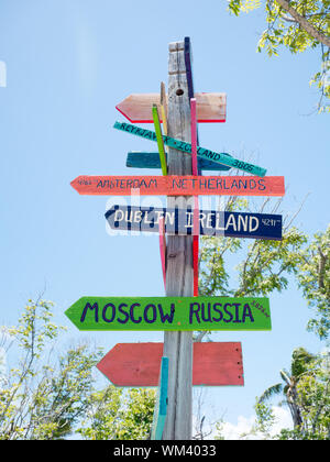 Funny direction signpost with distance to many different countries Stock Photo