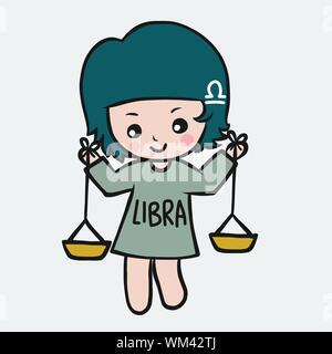 Libra girl horoscope cartoon vector illustration doodle style Stock Vector