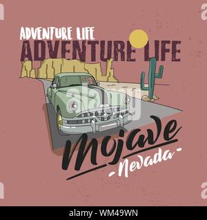 Desert vibes and cactus with slogan western road tripper. t-shirt design, print, typography, label with styled saguaro cactus and rocks. Adventure Lif Stock Vector