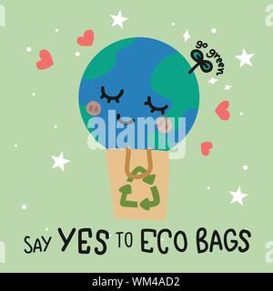 Earth sleep and happy in eco paper bag with word say yes to eco cup cartoon vector illustration Stock Vector