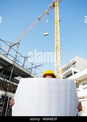 cropped view of female engineer reading blueprints Stock Photo