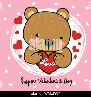 Cute brown bear hugging heart Happy Valentine's Day cartoon vector illustration doodle style Stock Vector
