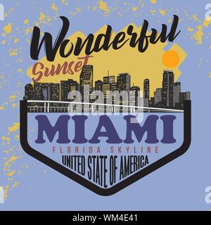 Wonderful Sunset Miami Florida Skyline United State of America Slogan. good for T shirt Graphic. Illustration Vector. Stock Vector