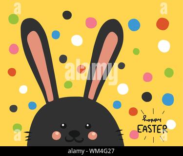 Happy Easter black rabbit on colorful polka dot on yellow background cartoon vector illustration doodle style Stock Vector