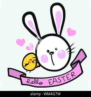 Happy Easter white rabbit and baby chick friend cartoon vector illustration doodle style Stock Vector