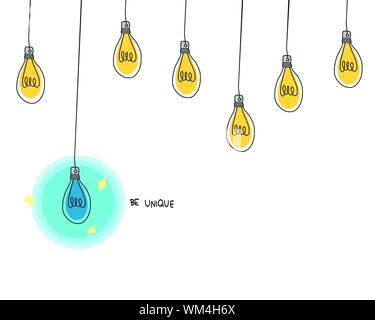 Blue Lightbulb hanging different from other cartoon doodle vector illustration with copy space background Stock Vector