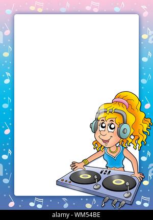 Music frame with cartoon DJ girl - color illustration. Stock Photo