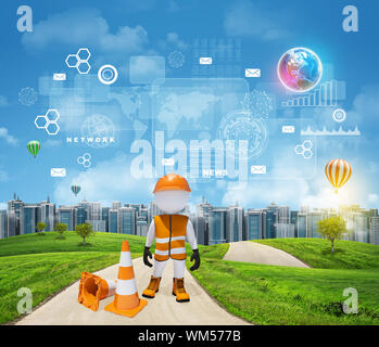 Three-dimensional worker standing on road running through green hills. City of tall buildings in background. Rectangles, diagrams and other virtual it Stock Photo