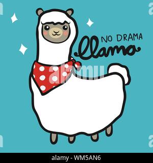 No drama Llama wear red and white polka dot scarf sparkle cartoon doodle vector illustration Stock Vector