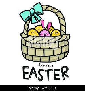 Happy Easter rabbit and chicken egg in basket cartoon vector illustration doodle style Stock Vector