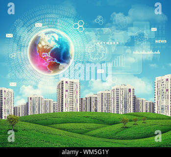 High-rise buildings over grassy hills of smooth shape. Brightly coloured Earth, charts, rectangles and other virtual items in sky. Elements of this im Stock Photo