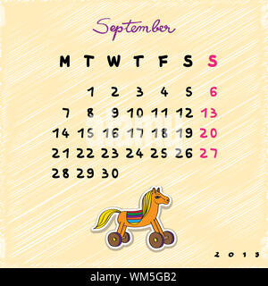 Calendar 2015 with toy horse, graphic illustration of September month  calendar with original hand drawn text Stock Photo - Alamy