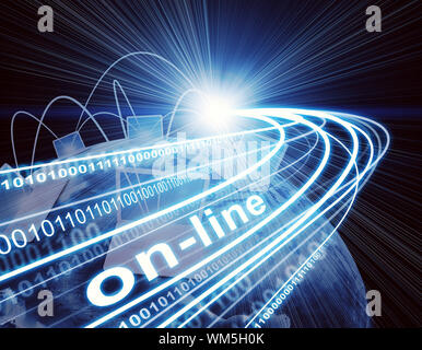 Earth, laptops, stream of light beams with inscribed binary code and word on-line, on dark background. Communication concept. Elements of this image f Stock Photo