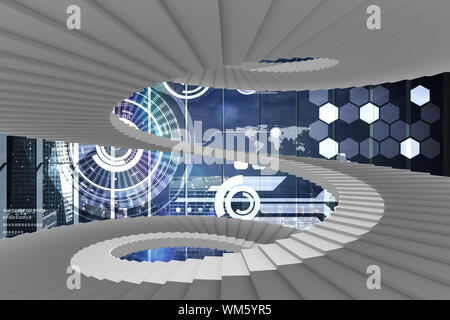 Winding stairs against hologram interface in office overlooking city Stock Photo