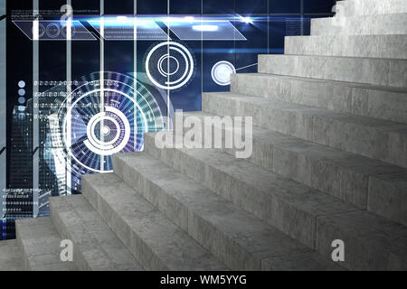 Grey steps against hologram interface in office overlooking city Stock Photo