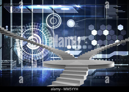 Winding stairs against hologram interface in office overlooking city Stock Photo