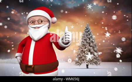 Cute cartoon santa claus against composite image of fir trees in snowy landscape Stock Photo