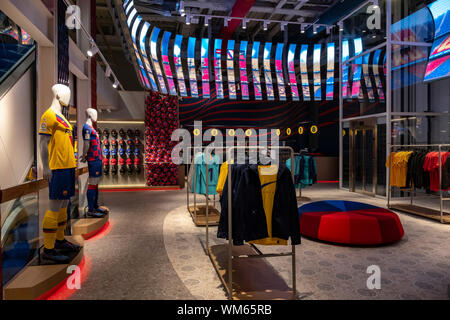 Barcelona, Spain. 04th Sep, 2019. General view of the interior of the FC Barcelona store with the panoramic screen.The FC Barcelona football club opens a new store in the heart of the Ramblas of Barcelona. Located at number 124, it has 1,900m2 and is the fifth store managed 100% by the FC Barcelona. Interior design has been done by designer and design theorist Juli Capella. Credit: SOPA Images Limited/Alamy Live News Stock Photo