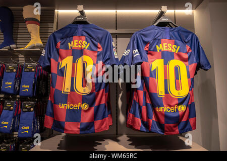 Barcelona, Spain. 04th Sep, 2019. The shirts with the number 10 of Lionel Messi ready for sale at the store.The FC Barcelona football club opens a new store in the heart of the Ramblas of Barcelona. Located at number 124, it has 1,900m2 and is the fifth store managed 100% by the FC Barcelona. Interior design has been done by designer and design theorist Juli Capella. Credit: SOPA Images Limited/Alamy Live News Stock Photo