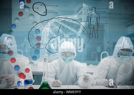 Chemists working in protective suit with futuristic interface showing DNA against dna helix in blue and red with ecg line Stock Photo