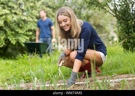 Cute couple gardening on sunny day at home in the garden Stock Photo