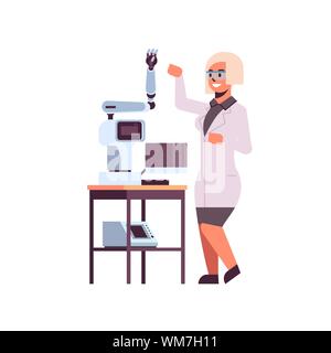 female scientist near industrial robotic arm woman in uniform with robot manipulator smart medical machine automatic technology concept full length Stock Vector