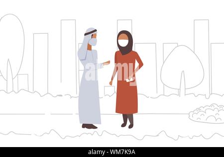 arab couple wearing face mask plant pipe dirty waste toxic air pollution industry smog polluted environment concept arabic man woman walking outdoor Stock Vector