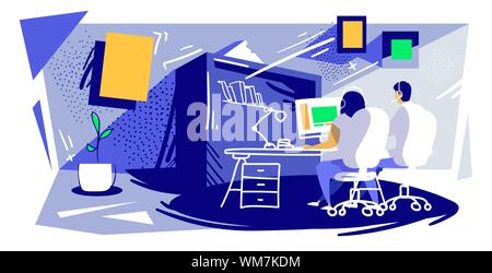 man woman call center operators team with headset sitting at workplace desk couple using computer customer support communication concept modern office Stock Vector