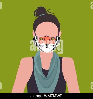 woman wearing protective mask with tiger face smog air pollution virus protection concept girl profile avatar female cartoon character portrait flat Stock Vector