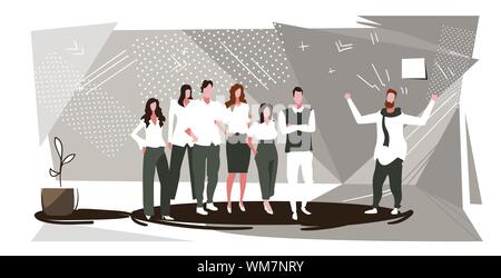 unsatisfied businessman boss screaming on frustrated workers group bad job concept angry employer shouting at employees modern office inteior sketch Stock Vector