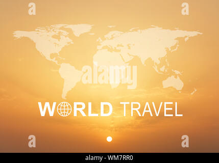 Contoured map of world continents with inscription World Travel and related symbol, against bright sunrise sky Stock Photo