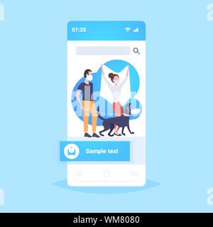 protesters in face masks holding flag protesting against air nature pollution activists man woman with dog protest demonstration polluted environment Stock Vector