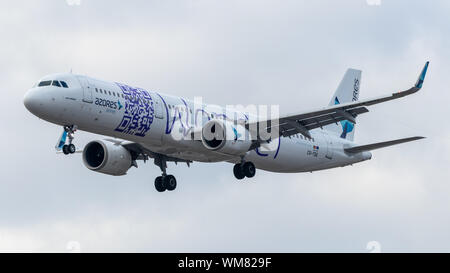 Azores Airlines A321 in their special 'Wonder' livery landing at Toronto Pearson Intl. Aiport on a cloudy day. Stock Photo