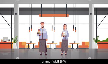 waiters couple holding bottles and glasses with champagne and wine on tray woman man restaurant workers in apron carrying alcohol drinks modern cafe Stock Vector