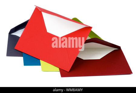 Arrangement of Colored Paper Envelopes isolated on white background Stock Photo