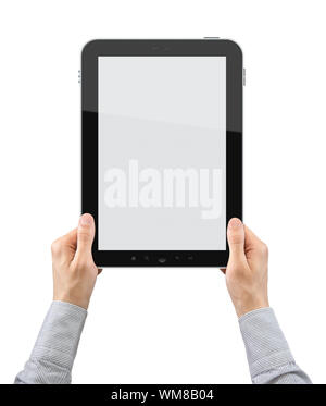 Businessman hands are holding the touch screen device. Vertical composition. Isolated on white. Stock Photo