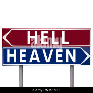 Direction Signs with choice between Heaven or Hell isolated on white background Stock Photo