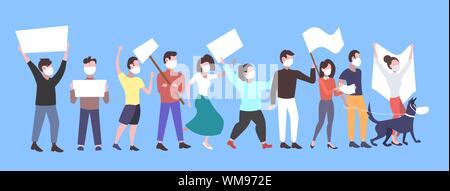 people protesters in face masks holding blank placards protesting against air nature pollution men women activists group with empty sign banners Stock Vector