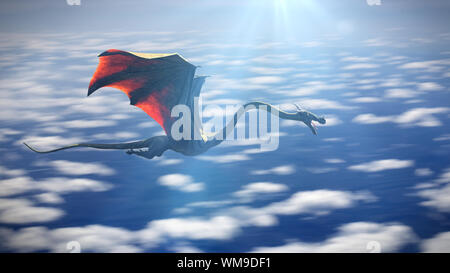 fast flying dragon, legendary green creature high above the clouds Stock Photo