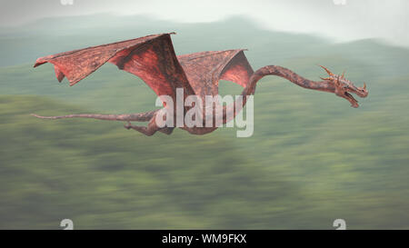 flying dragon, legendary creature above a forest landscape Stock Photo