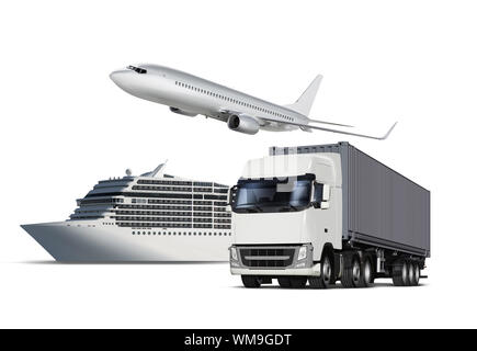 Collage of plane, ship and truck isolated on white Stock Photo - Alamy