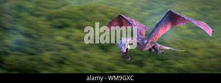 flying dragon, legendary creature above a forest landscape Stock Photo