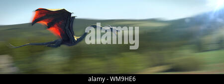 fast flying dragon, magical creature above a rural landscape Stock Photo