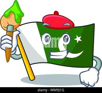 Artist flag pakistan cartoon hoisted on pole Stock Vector
