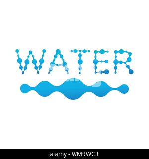blue water word in molecule structure with wave fluid design, abstract vector symbol isolated on white background. Stock Vector