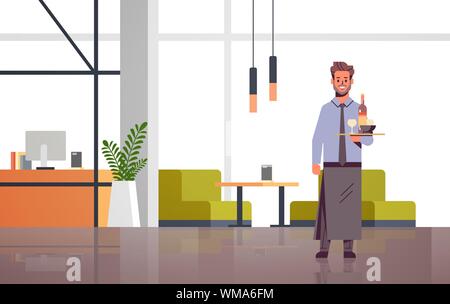 professional waiter holding bottle and wine glasses on tray man restaurant worker in apron carrying alcohol drink modern cafe interior flat full lengt Stock Vector