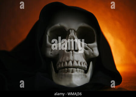 Halloween costume ghost scary skeleton wearing a hooded coat / Grim reaper with skull in black hood on the dark Stock Photo